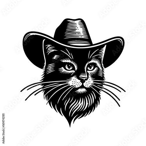 Cat Cowboy hand draw engrave icon design black white