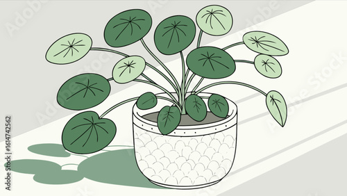 Illustration of a chinese money plant pilea peperomioides in pot indoor houseplant home decor design
