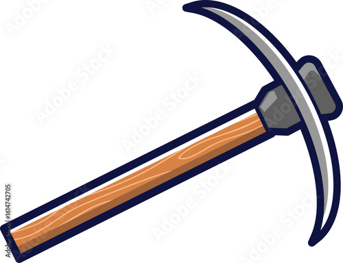 A stylized vector illustration of a mining pickaxe with a wooden handle. Icon for geology, construction, and excavation work.