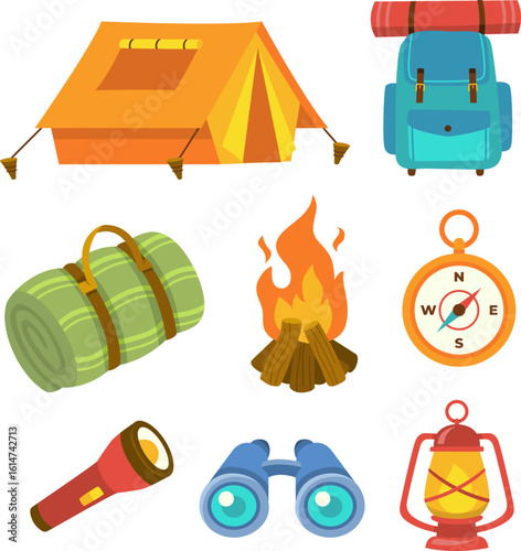 A vibrant collection of cartoon icons for camping and hiking adventures. Outdoor equipment asset illustration set.