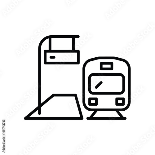 Train station icon with train platform and sign in outline style
