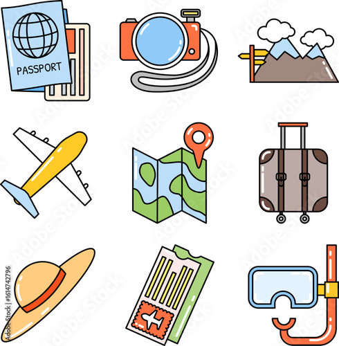 Set of colorful travel and vacation icons. Outline sticker svg elements for tourism and adventure.