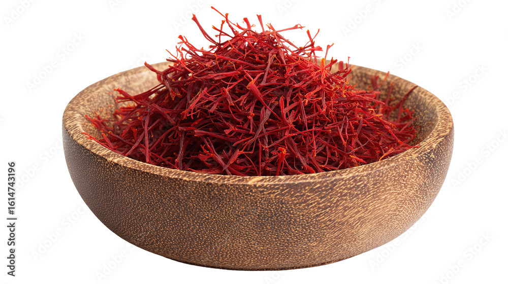 Fototapeta premium saffron thread in the wooden plate, isolated on the white background.