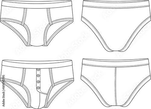 Men’s briefs underwear CAD flat sketch front and back view, vector fashion illustration for technical garment design and apparel template