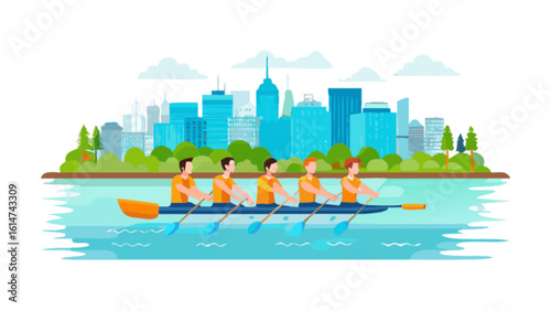 Rowing team in boat race vector illustration of athletes on water near city skyline for sports competition
