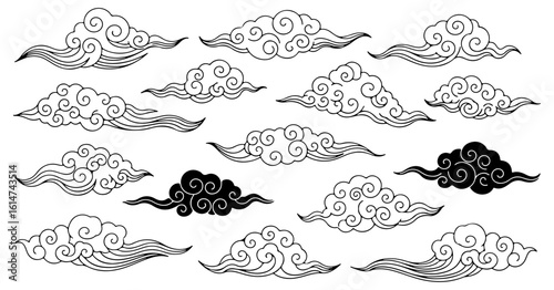 Chinese cloud vector elements set. Linear clip art oriental Japanese, Thai, Tibetan, Korean style clouds. Editable stroke. Vector illustration