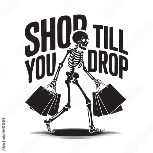 Skeleton shopping with bags shop till you drop concept
