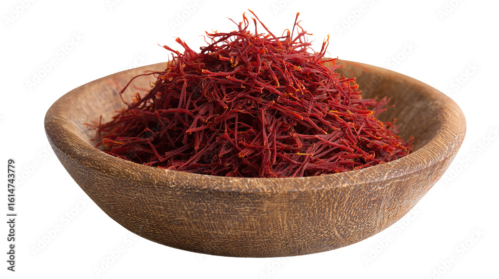 Fototapeta premium saffron thread in the wooden plate, isolated on the white background.