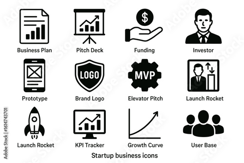 Startup business icons: plan, pitch, funding, investor, prototype, brand, mvp, launch, growth, user base