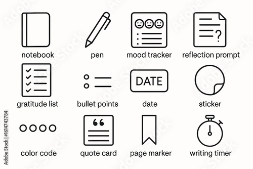 Notebook and writing tools icons: pen, mood tracker, gratitude list, timer