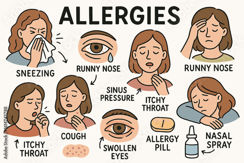 Common allergy symptoms: sneezing, runny nose, itchy throat, cough, swollen eyes in caucasian female adults