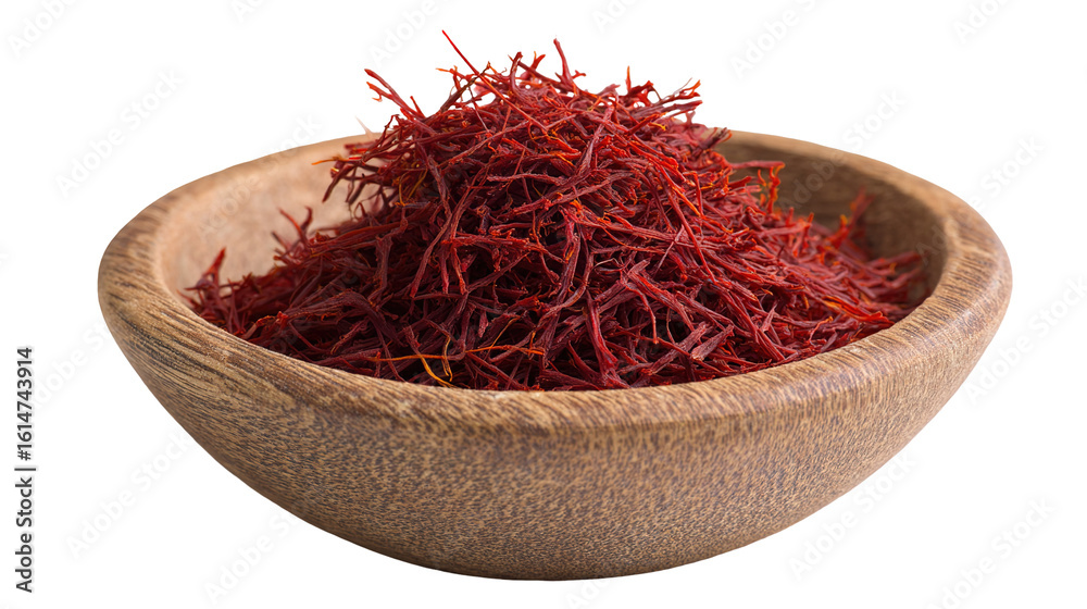 Fototapeta premium saffron thread in the wooden plate, isolated on the white background.