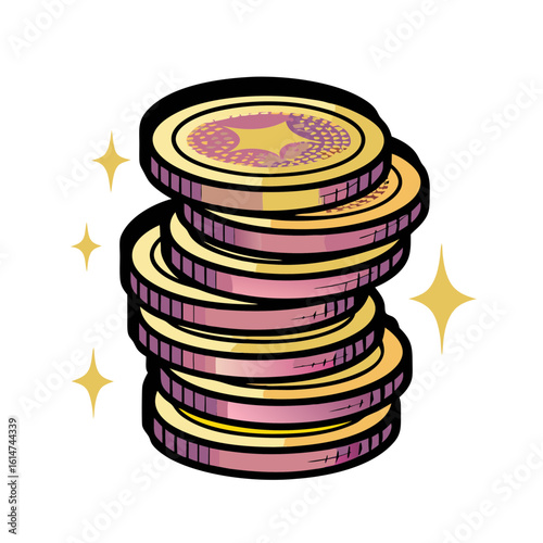 Stack of coins in comic book style with sparkles, isolated vector image on transparent background