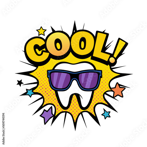 Funny tooth wearing sunglasses with "cool!" text in pop art style, isolated vector image on transparent background  