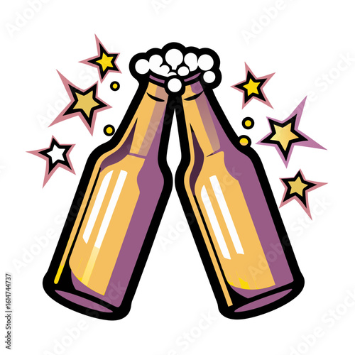Two beer bottles clinking in comic book style, pop art, isolated vector image on transparent background