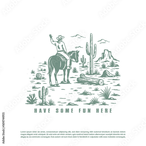 Vintage hand drawn western Texas cowboy in desert background vector