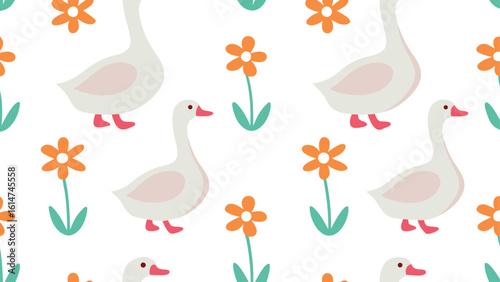 Seamless pattern of white geese and orange flowers on white background goose bird