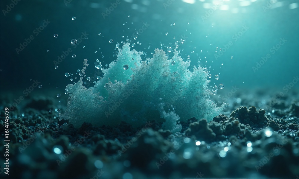 Fototapeta premium The image shows the underwater world. A cloud of light blue substance erupts, creating dynamic textures. The environment is dark, with hints of light penetrating the water. Hints of the bottom of the 