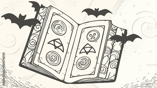 An open book with mystical symbols and bats flying around it in a spooky halloween atmosphere