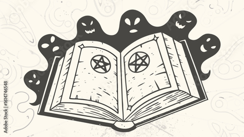 Open spellbook with pentagrams surrounded by spooky ghosts in a vintage halloween illustration