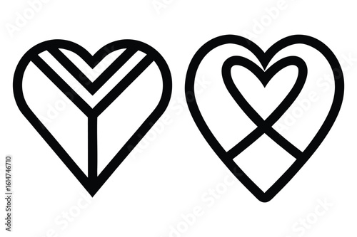 Two abstract black hearts on white background with geometric patterns love symbol