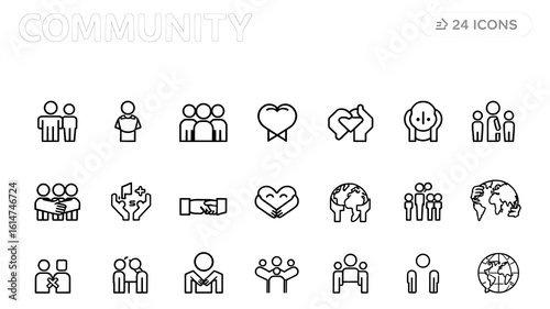 A collection of minimalist community icon set depicting unity and global connection in line art