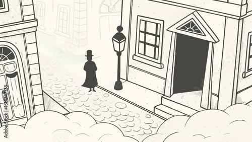 Silhouette of a man in a top hat walking down a cobblestone street with buildings and a lamp post