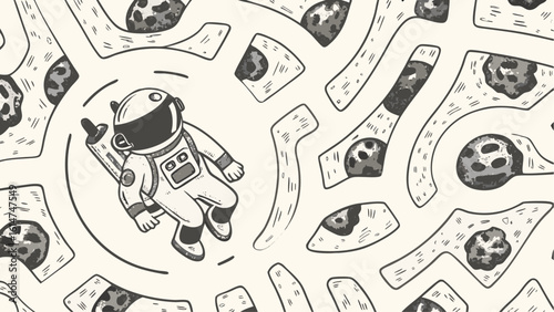 An astronaut floats in space surrounded by asteroids in a hand drawn style illustration