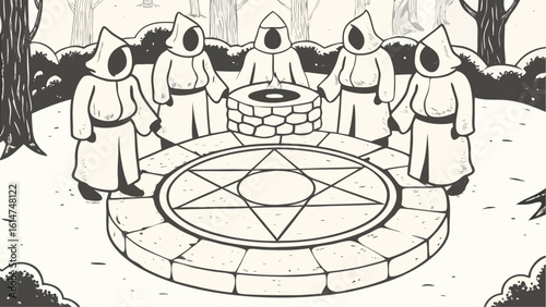 A group of hooded figures surround a well with a star symbol in a monochrome forest setting scene