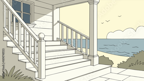 Coastal home porch with ocean view vector illustration house steps railing seaside architecture design outdoors