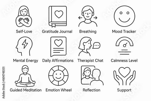 Self-care icons: mental health, meditation, journaling, and emotional support symbols