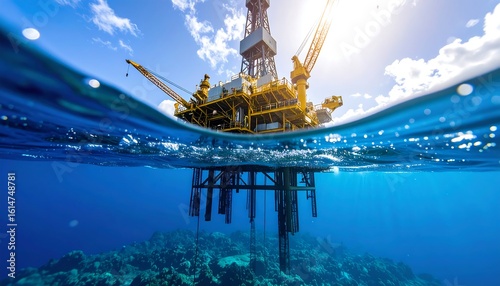 An offshore oil rig, partially submerged, sits above a vibrant ocean floor