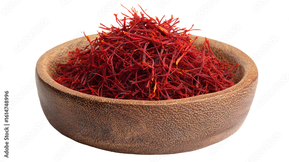 Fototapeta premium saffron thread in the wooden plate, isolated on the white background.