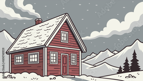 Winter cabin scene illustration with snow covered mountains and trees in a holiday landscape