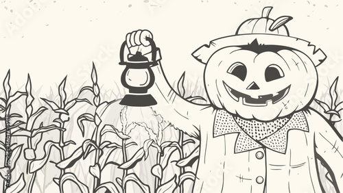 Illustration of a pumpkin headed scarecrow holding a lantern in a cornfield in black and white style