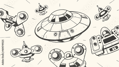 Outlined cartoon spaceship illustration featuring a ufo and various smaller spacecraft designs in flight