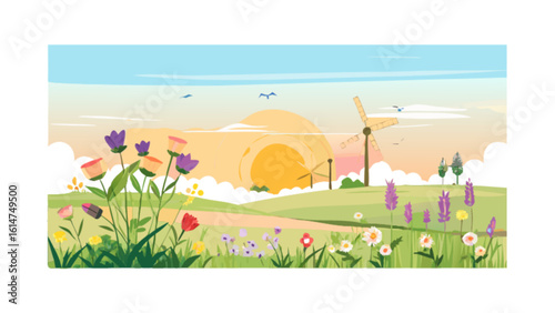 Beautiful spring landscape vector art with windmill and flowers illustration background design image
