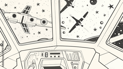 View from a spaceship cockpit showing outer space with stars planets and other spaceships in black and white