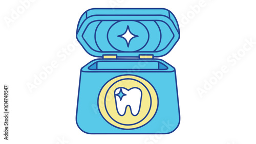 Stylized blue dental floss dispenser with sparkling tooth icon yellow