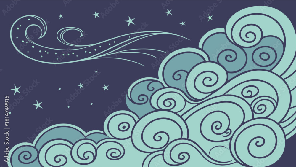 Fantasy night sky with swirling clouds stars and comet vector illustration for design and decoration Fantasy night sky with swirling clouds stars and comet vector illustration for design and decoration