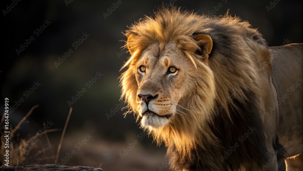 Majestic male lion walking in golden light
