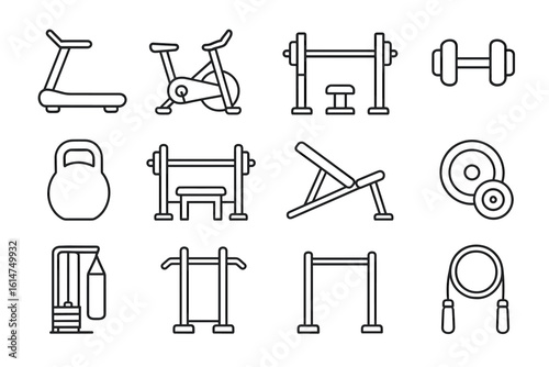 Collection of gym equipment line icons including treadmill, dumbbell, and jump rope