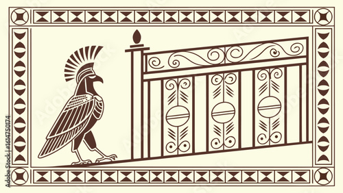 Illustration of an eagle with a headdress standing next to a decorative metal fence in a framed border