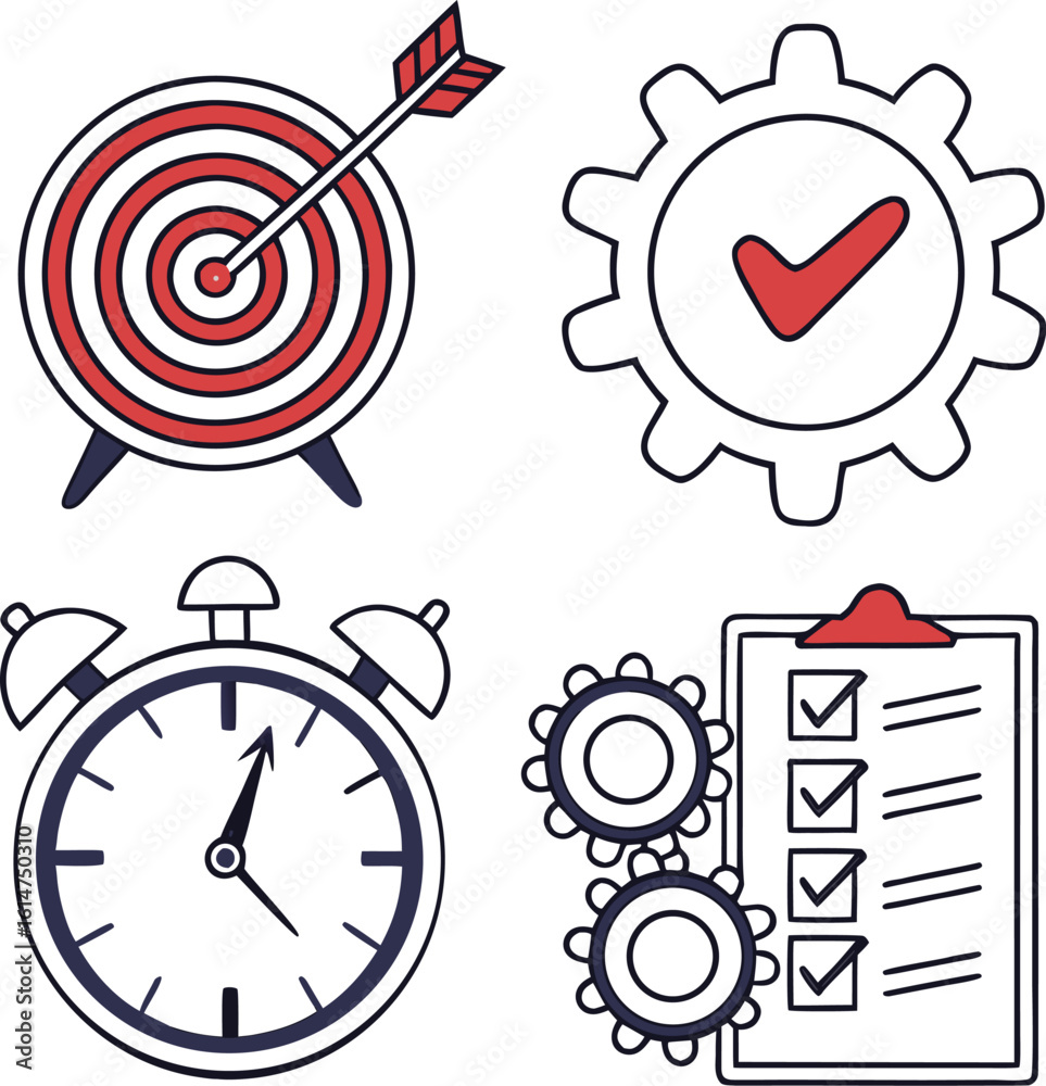 Fototapeta premium Four business concept icons target clock gear and checklist dart arrow
