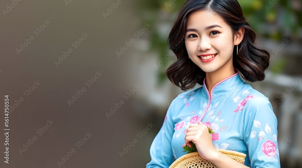 Fototapeta premium Young Woman in Sky Blue Ao Dai with Floral Patterns
