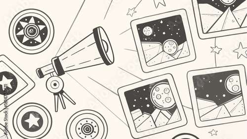 A telescope pointing to framed pictures of the moon and stars surrounded by star themed icons