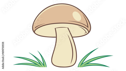 Stylized flat illustration of a plump beige mushroom with green grass fungus food