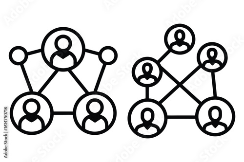 Two black and white network diagrams showing connected people icons connection