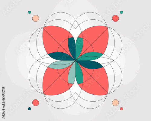 Geometric flower design with red petals and teal center on light gray background decorative pattern illustration modern abstract art piece