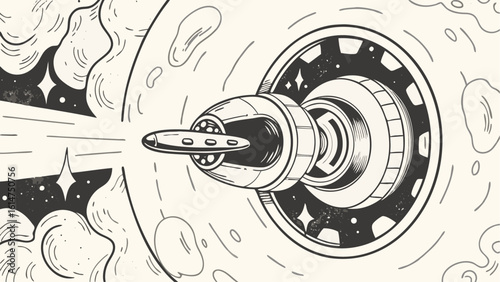 Retro spaceship approaching a space station near a moon with stars and clouds in the background